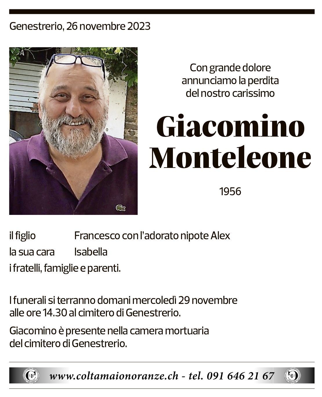 Annuncio funebre Giacomino Monteleone