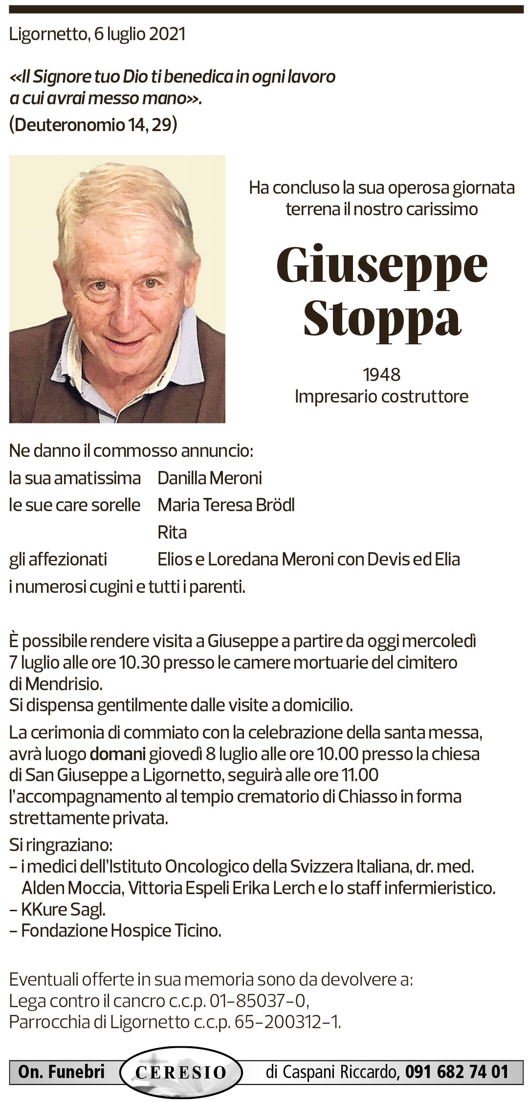 Annuncio funebre Giuseppe Stoppa