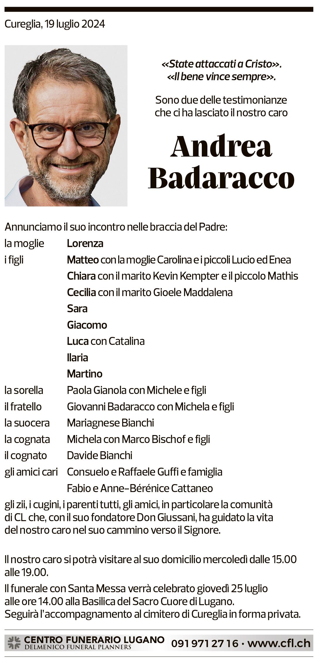 Annuncio funebre Andrea Badaracco