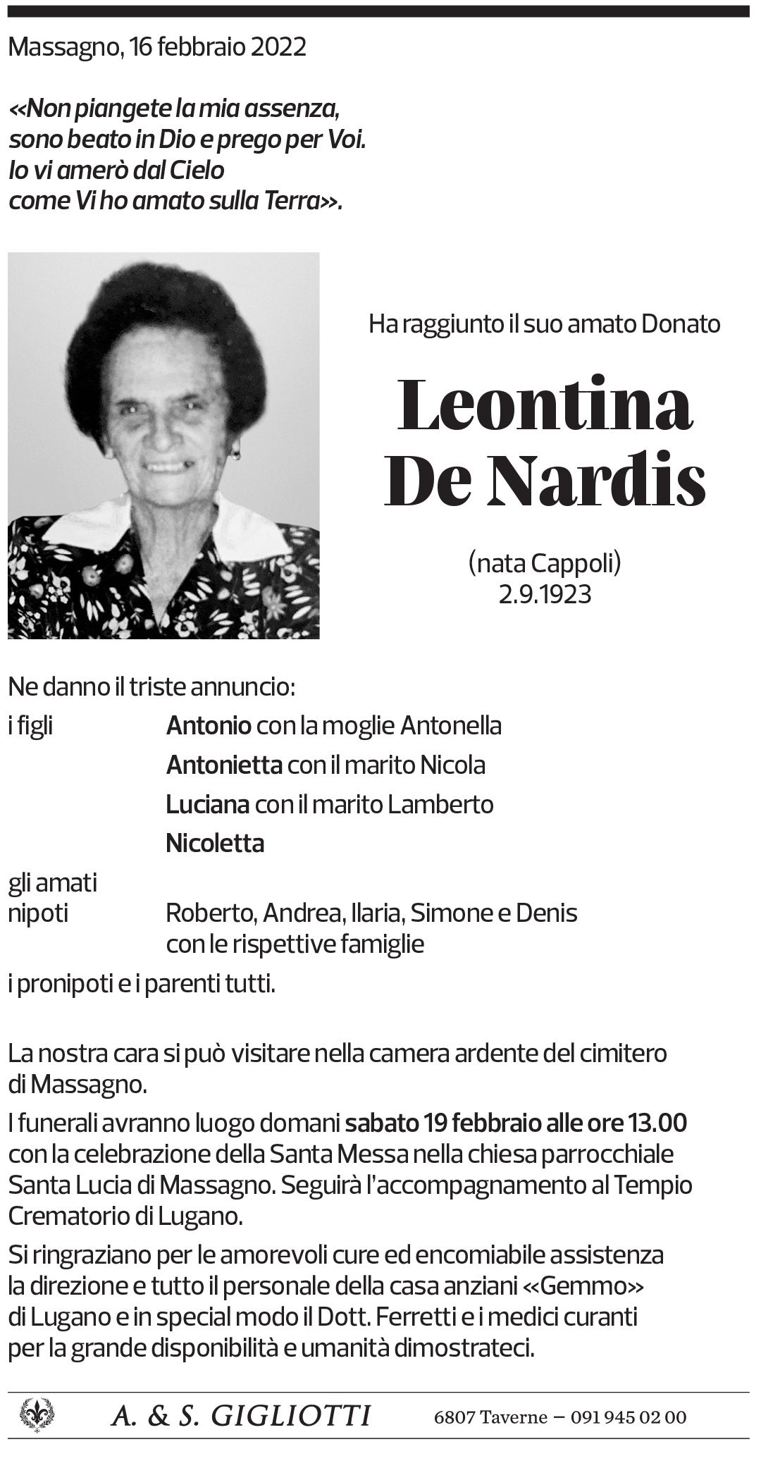 Annuncio funebre Leontina De Nardis