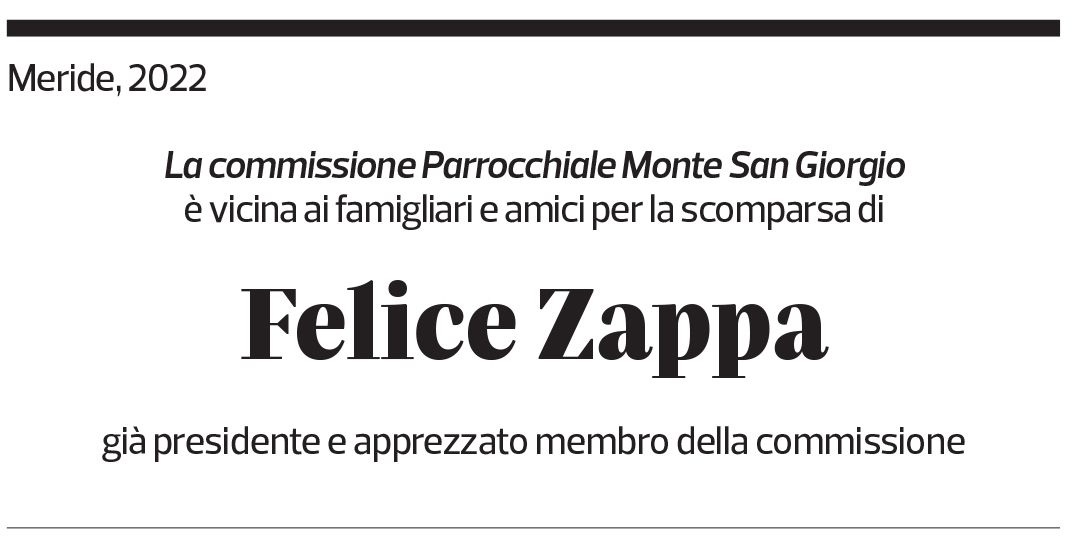 Annuncio funebre Felice Zappa