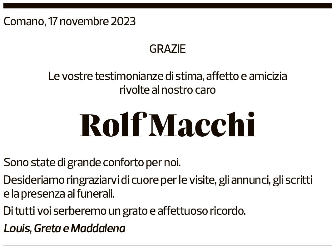 Annuncio funebre Rolf Macchi