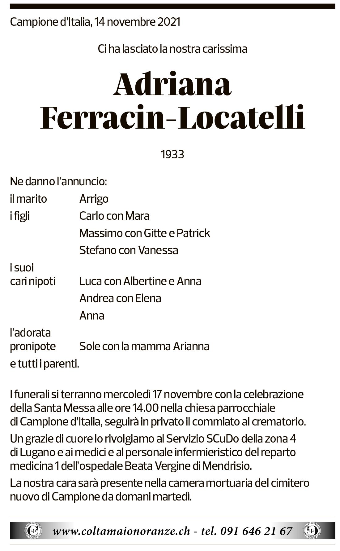 Annuncio funebre Adriana Ferracin - Locatelli