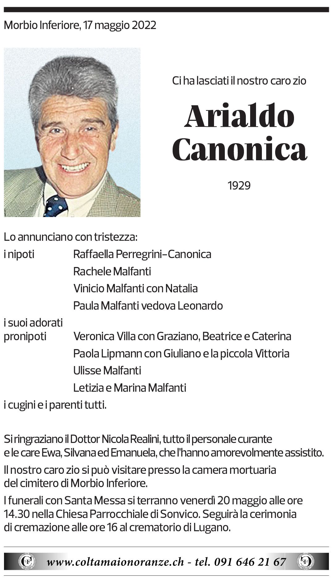 Annuncio funebre Arialdo Canonica