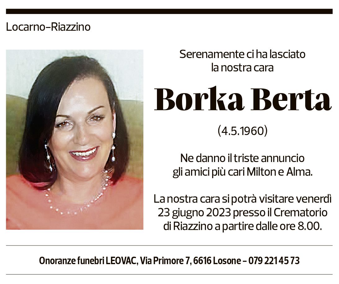 Annuncio funebre Borka Berta