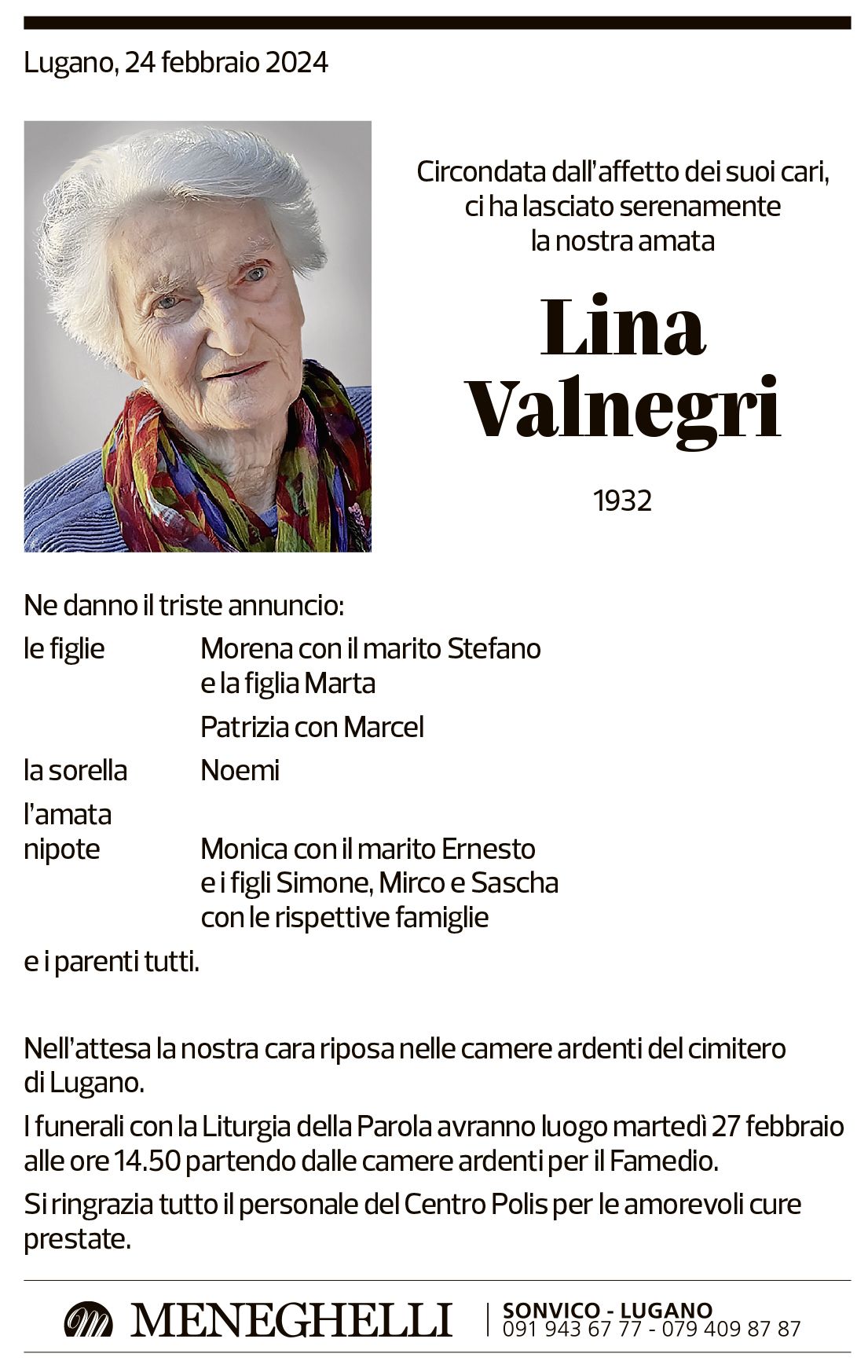 Annuncio funebre Lina Valnegri