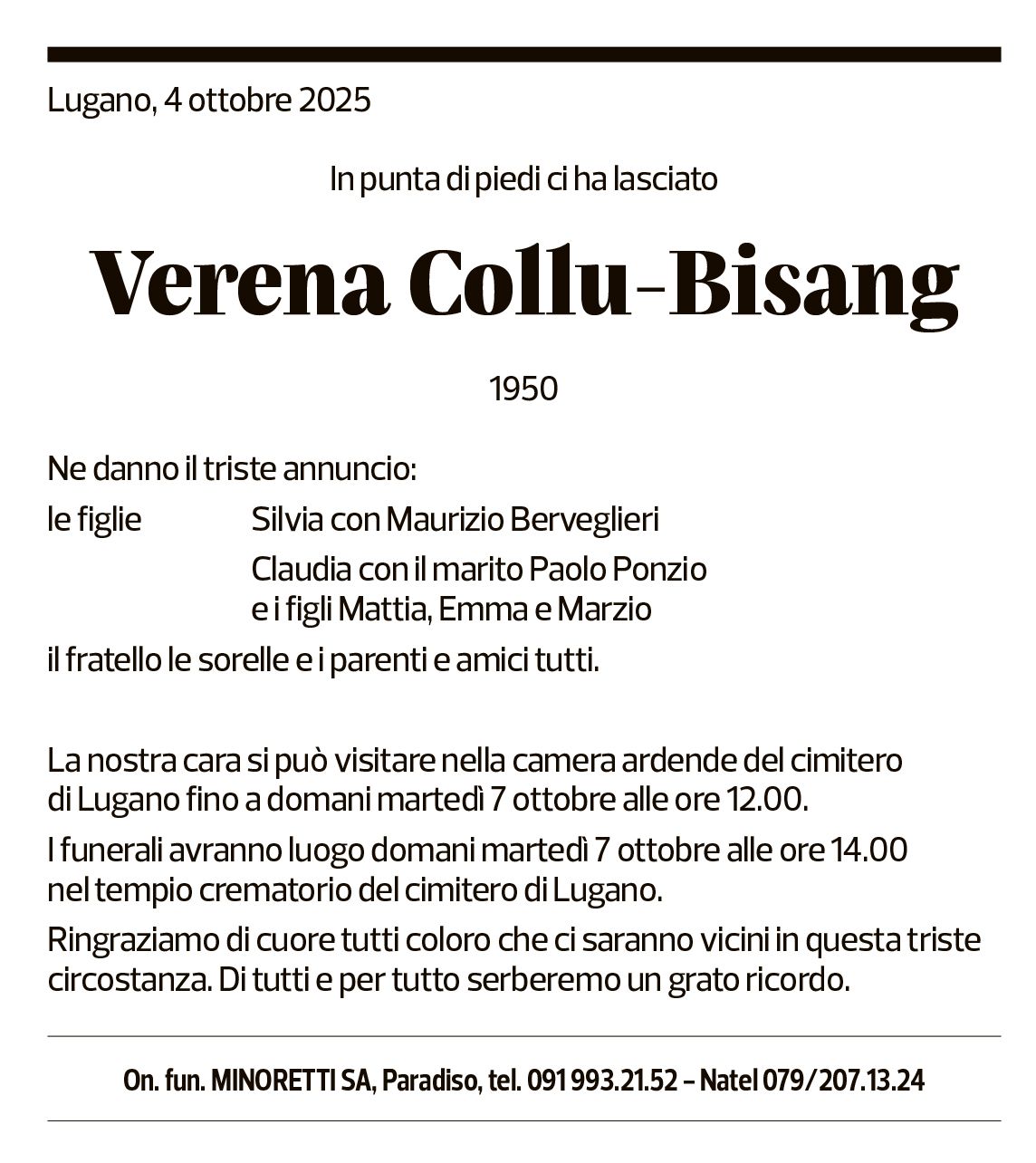 Annuncio funebre Verena Collu-bisang