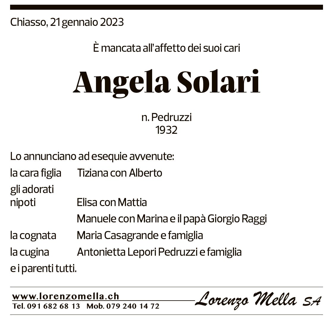 Annuncio funebre Angela Solari