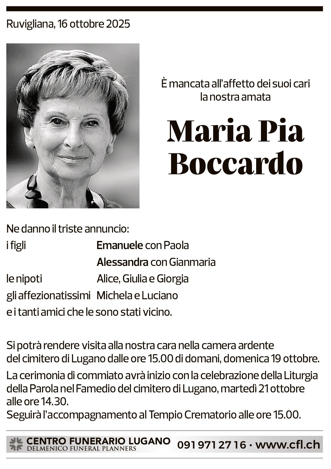 Annuncio funebre Maria Pia Boccardo