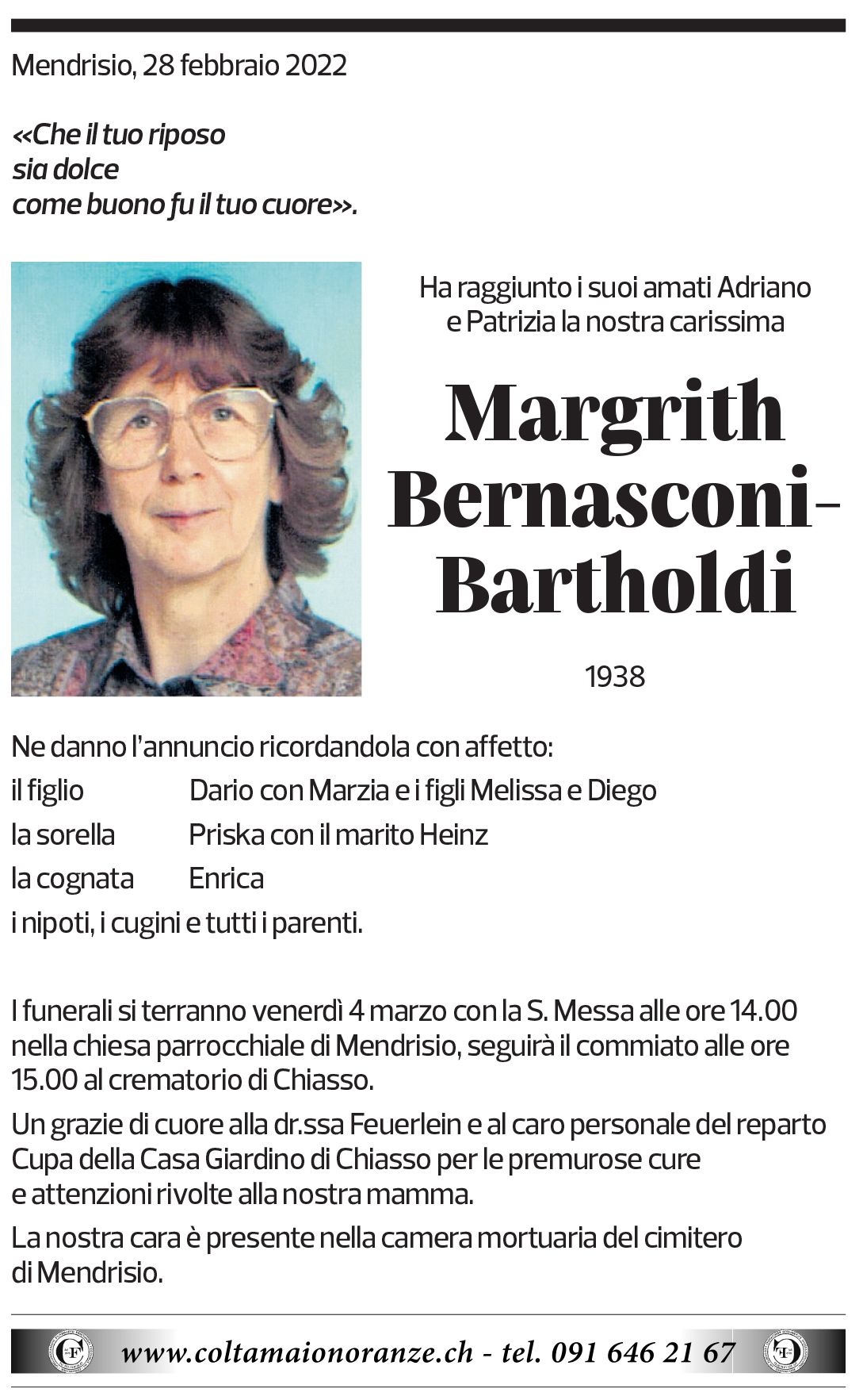 Annuncio funebre Margrith Bernasconi-bartholdi