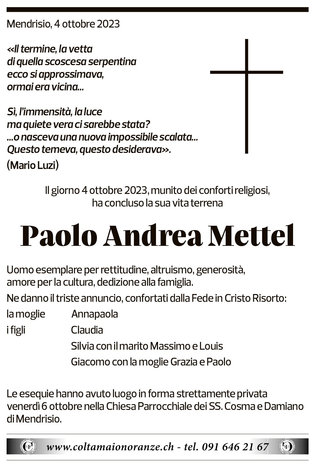 Annuncio funebre Paolo Andrea Mettel