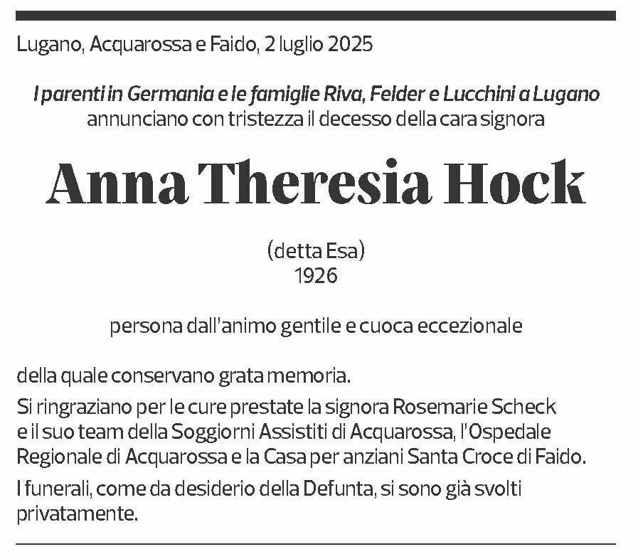 Annuncio funebre Anna Theresia Hock