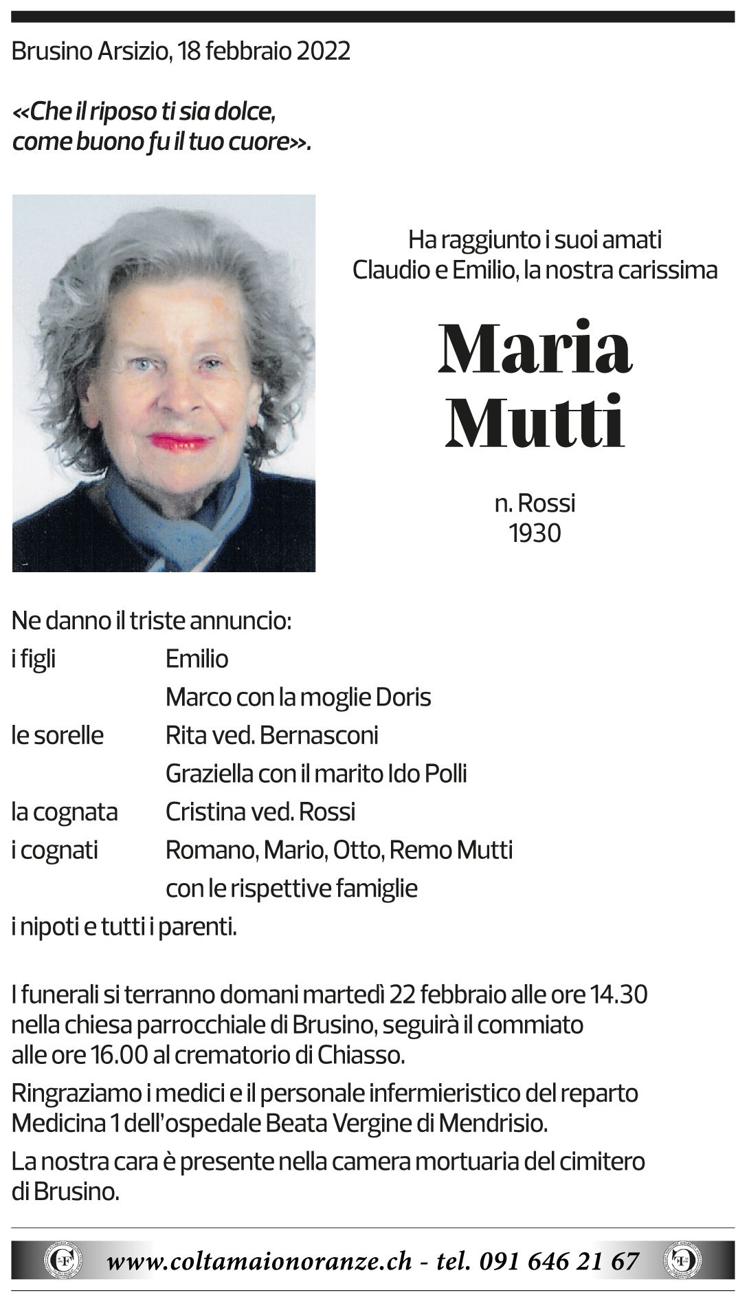 Annuncio funebre Maria Mutti