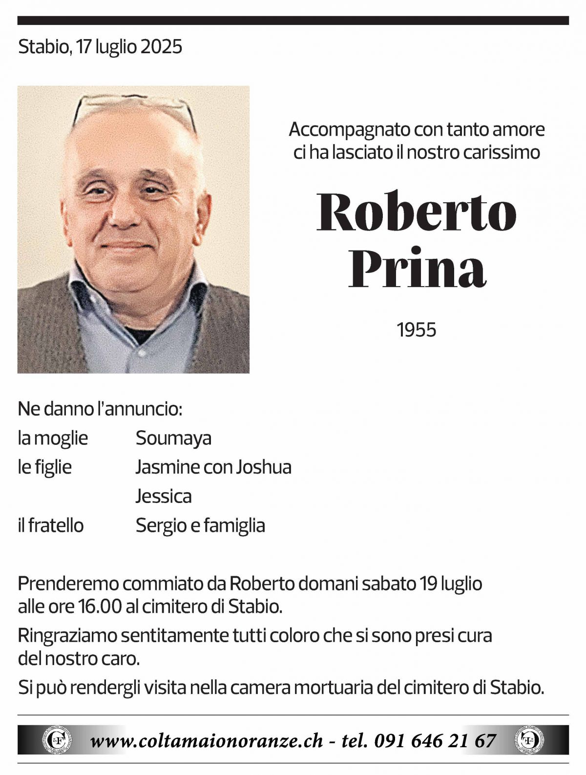 Annuncio funebre Roberto Prina