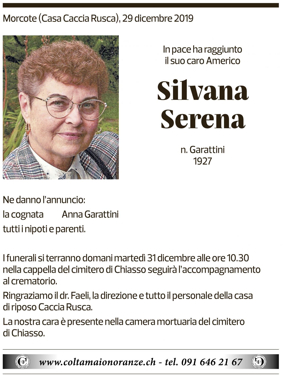 Annuncio funebre Silvana Serena