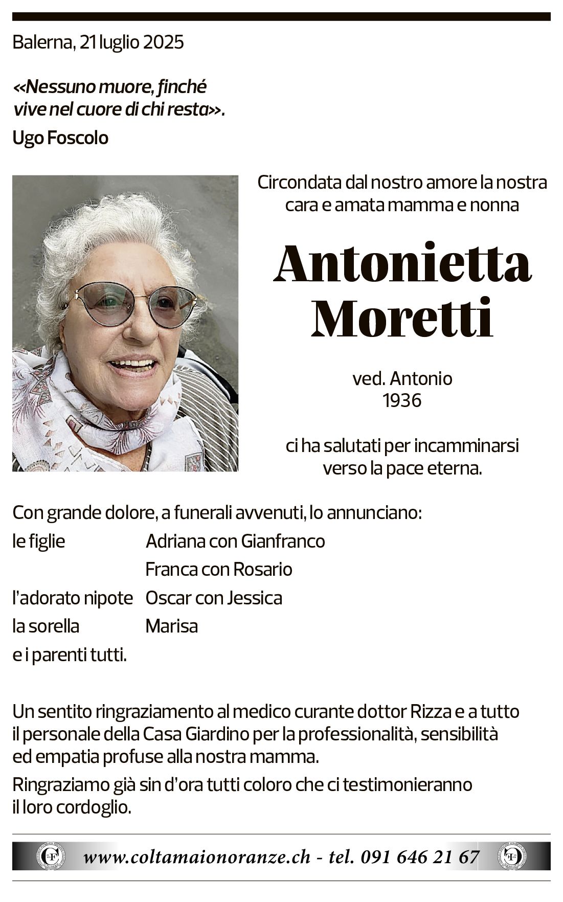 Annuncio funebre Antonietta Moretti