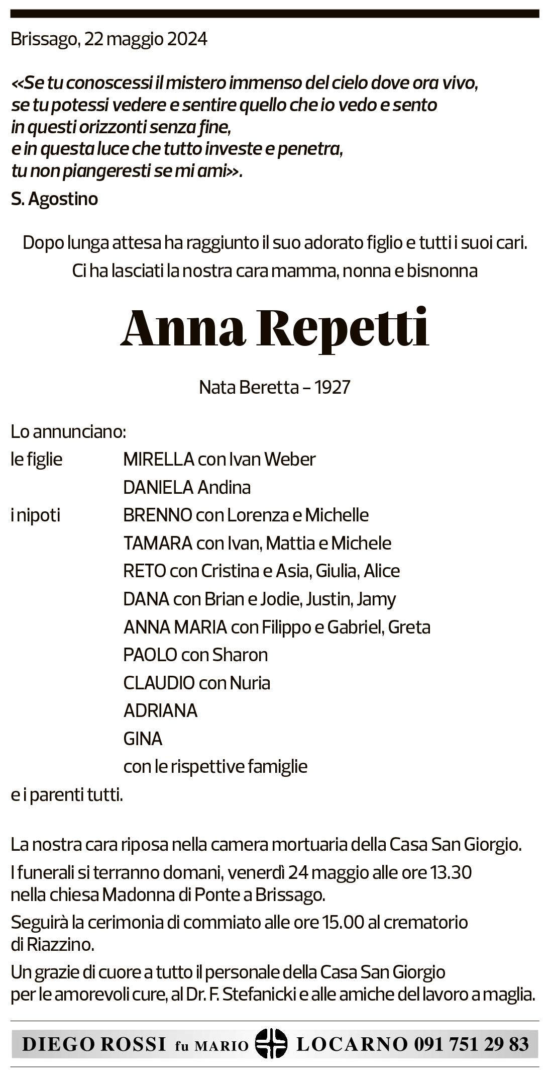 Annuncio funebre Anna Repetti