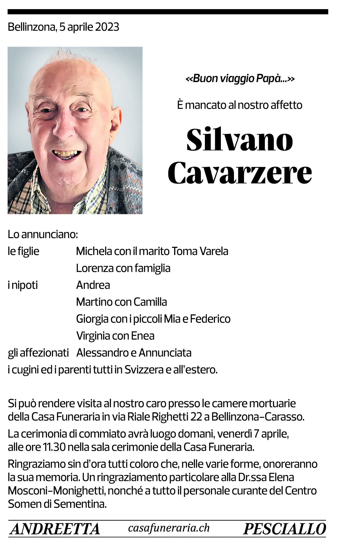 Annuncio funebre Silvano Cavarzere