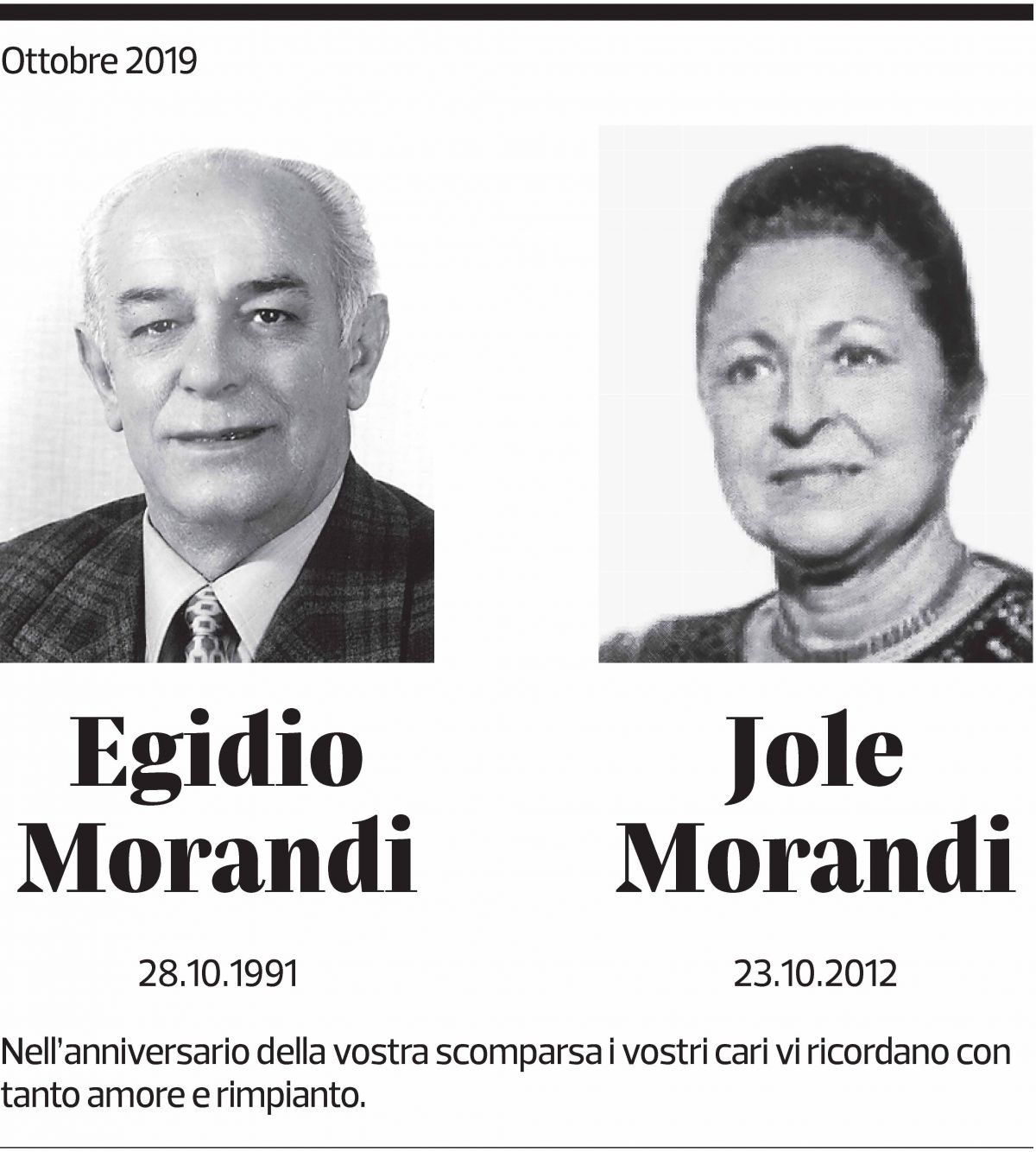 Annuncio funebre Egidio Morandi Jole Morandi