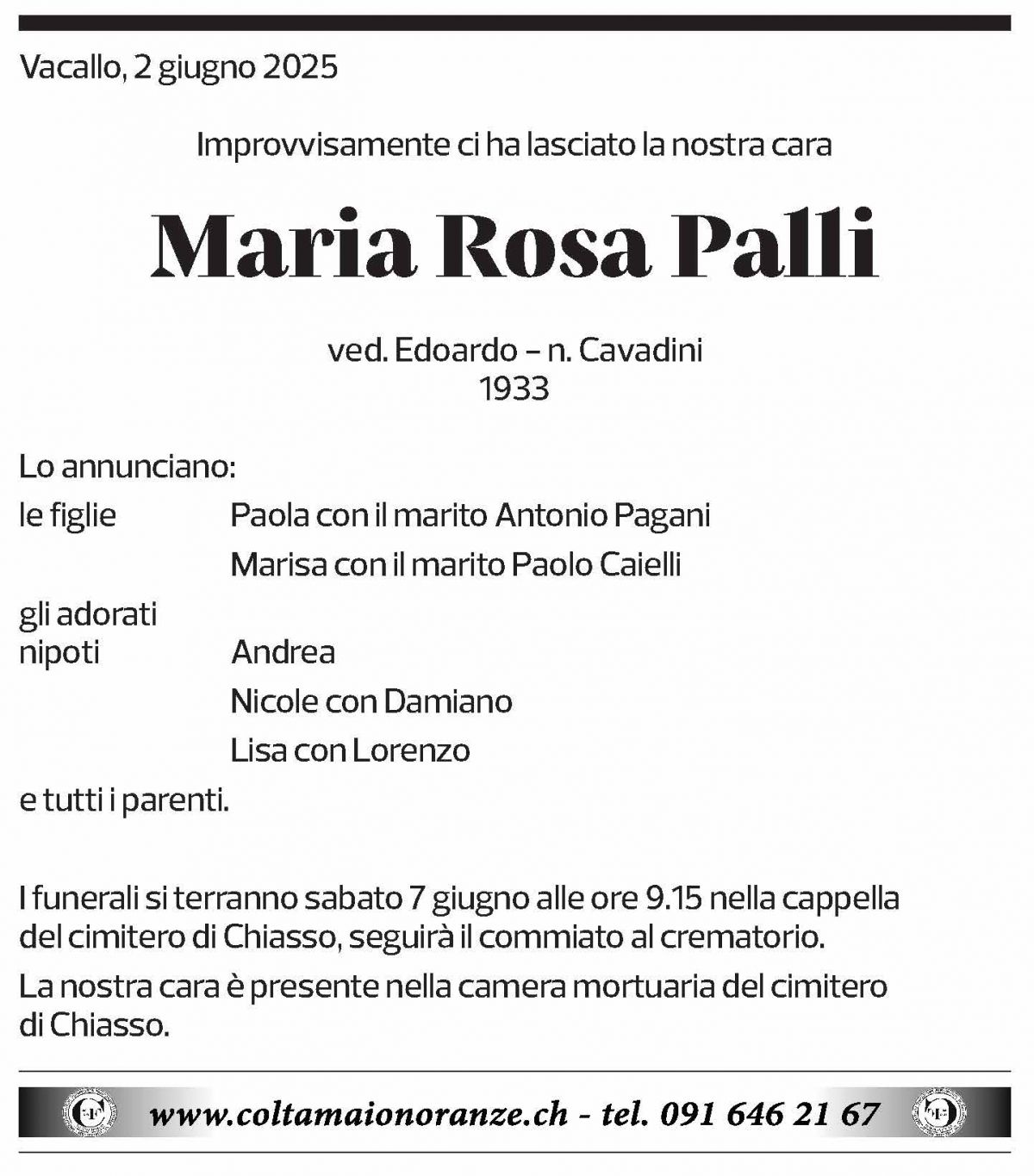Annuncio funebre Maria Rosa Palli