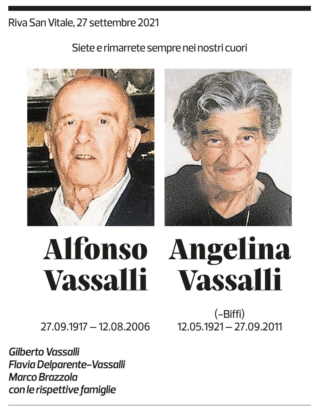 Annuncio funebre Alfonso Vassalli Angelina Vassalli