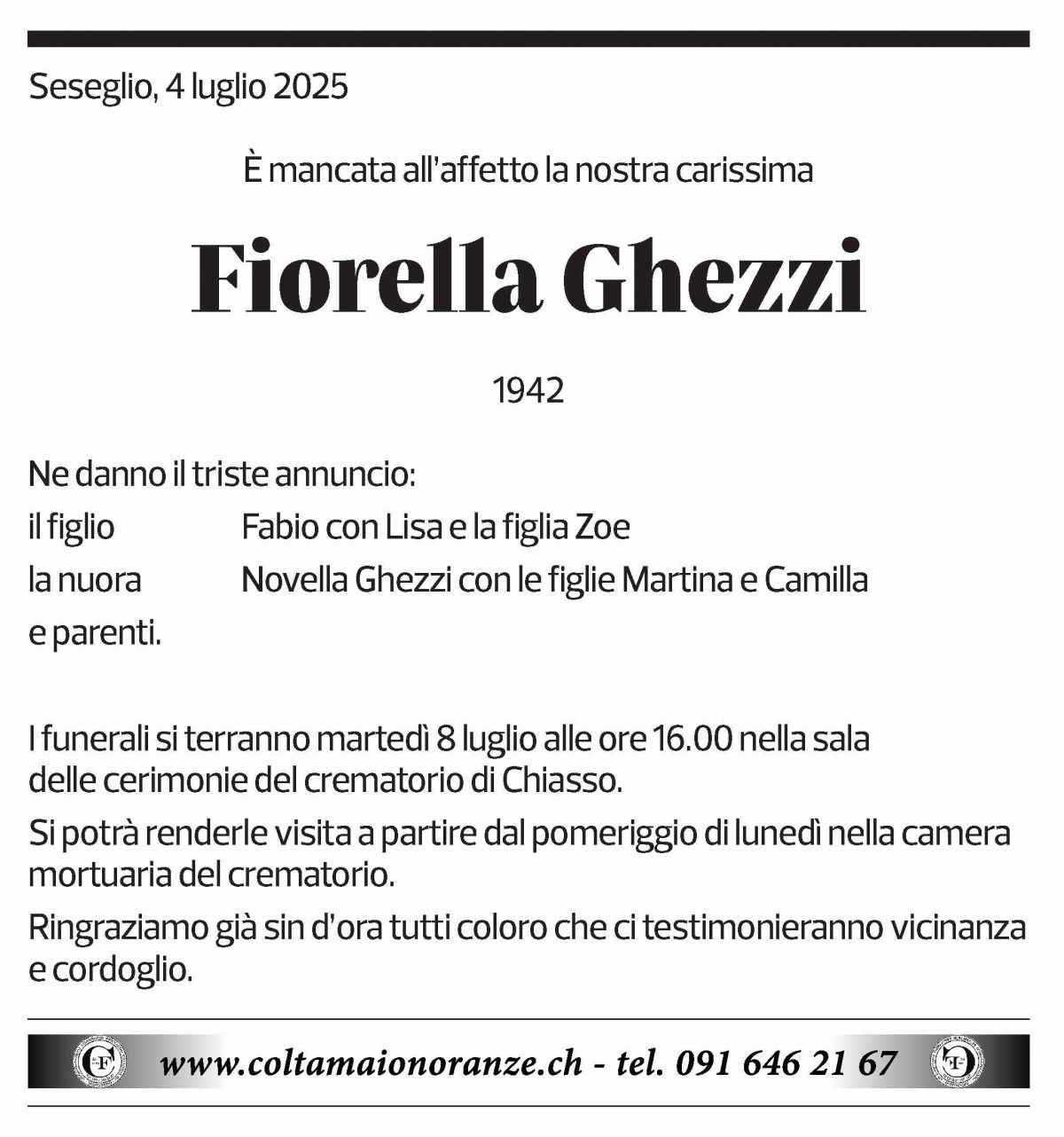 Annuncio funebre Fiorella Ghezzi