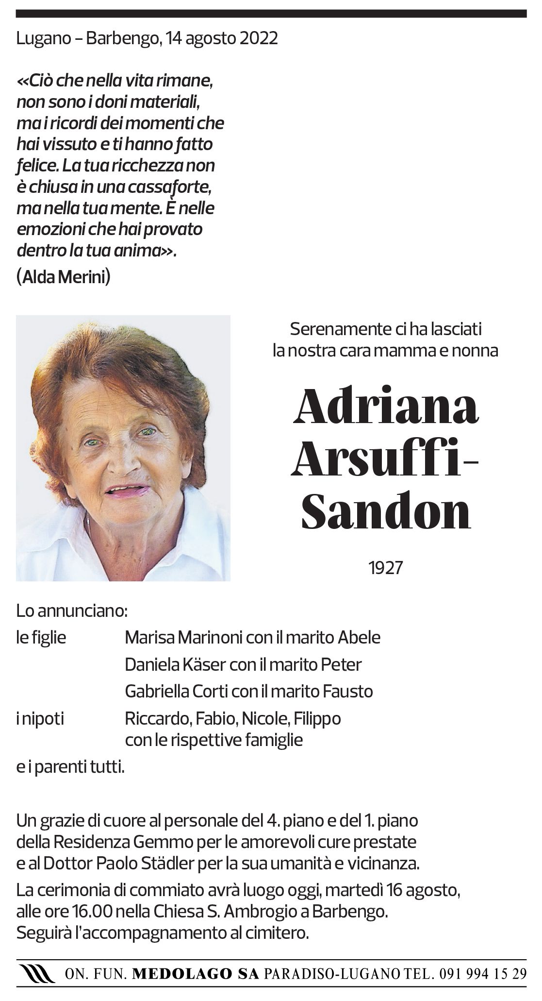 Annuncio funebre Adriana Arsuffi-sandon