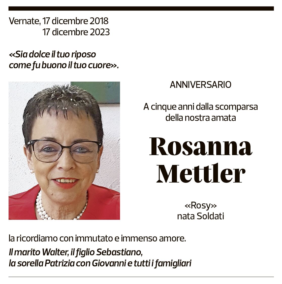 Annuncio funebre Rosanna Mettler