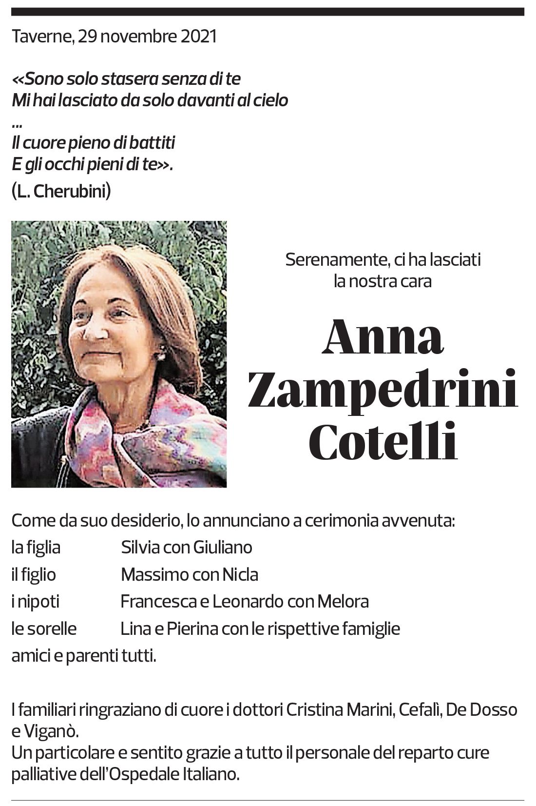 Annuncio funebre Anna Zampedrini