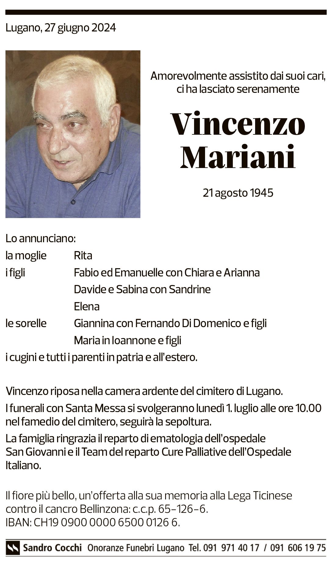 Annuncio funebre Vincenzo Mariani