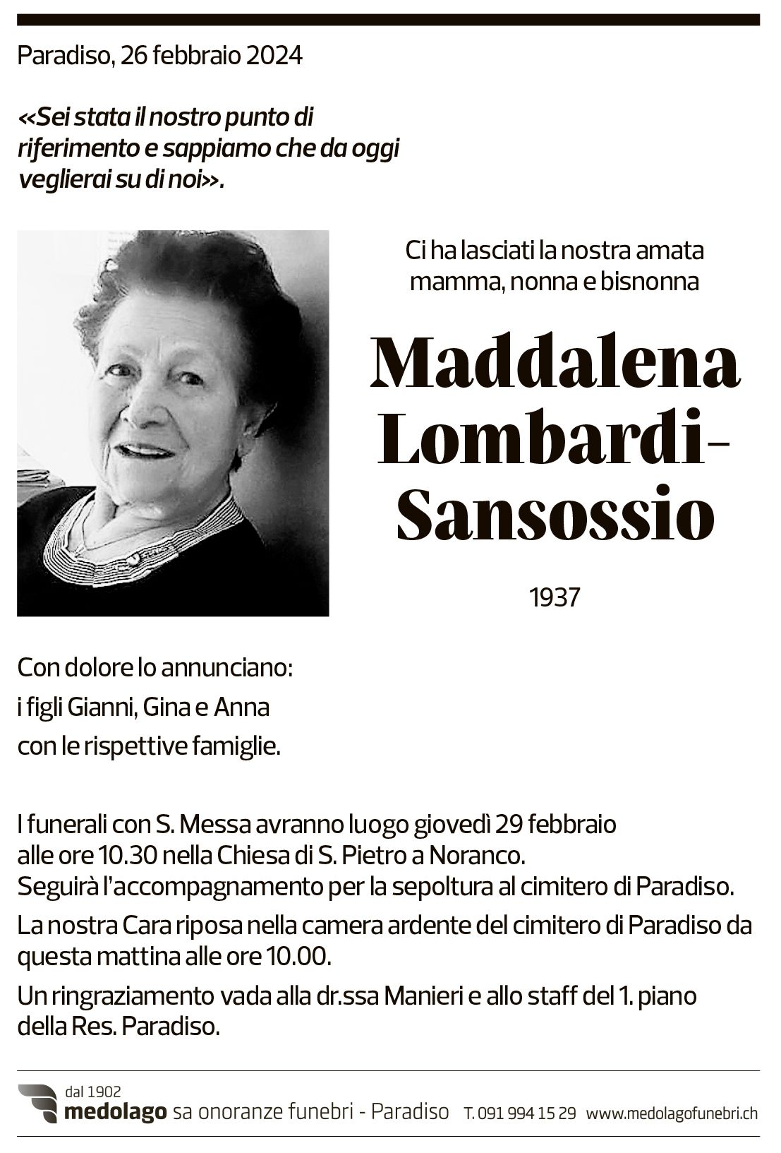 Annuncio funebre Maddalena Lombardi-sansossio