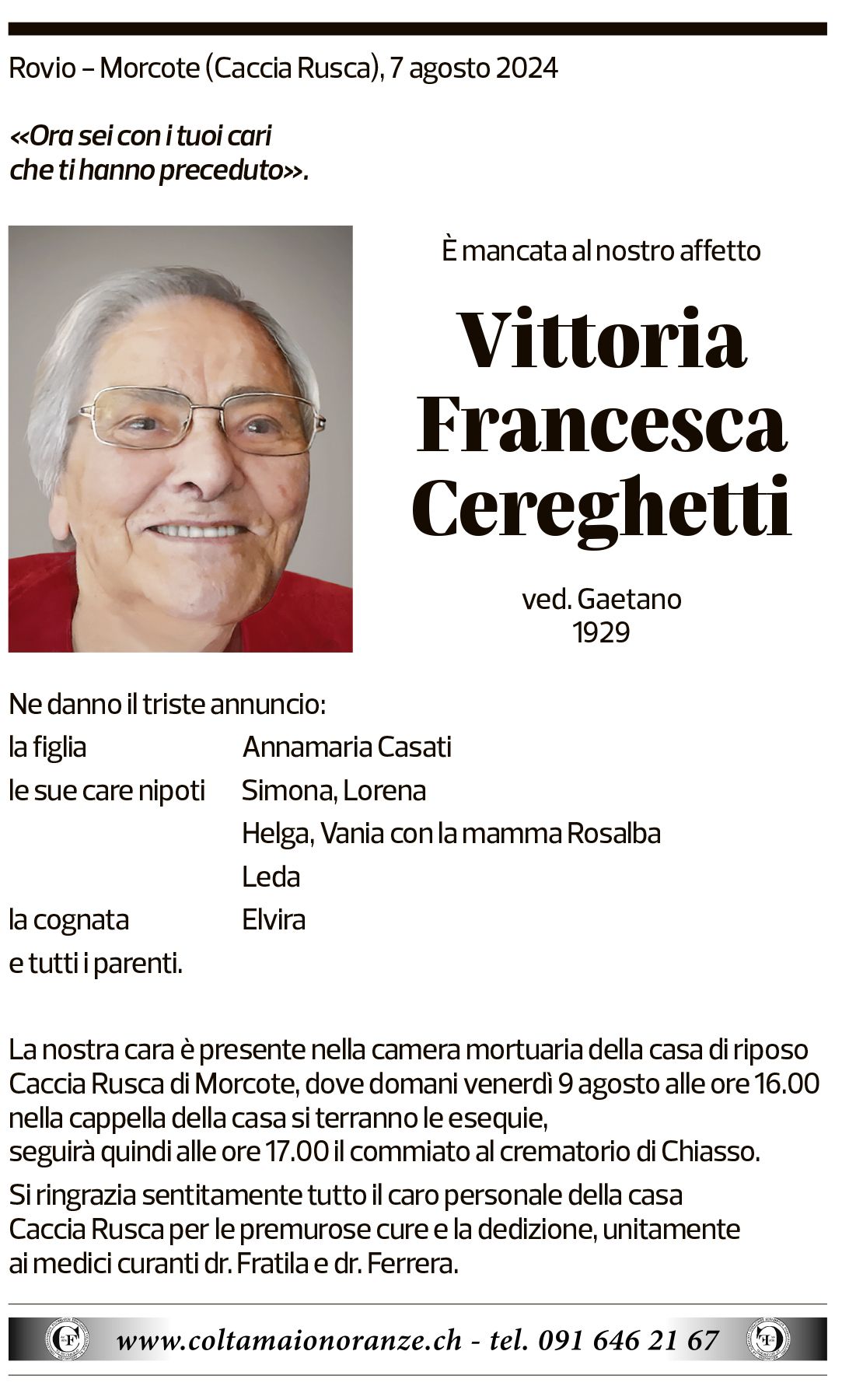 Annuncio funebre Vittoria Francesca Cereghetti