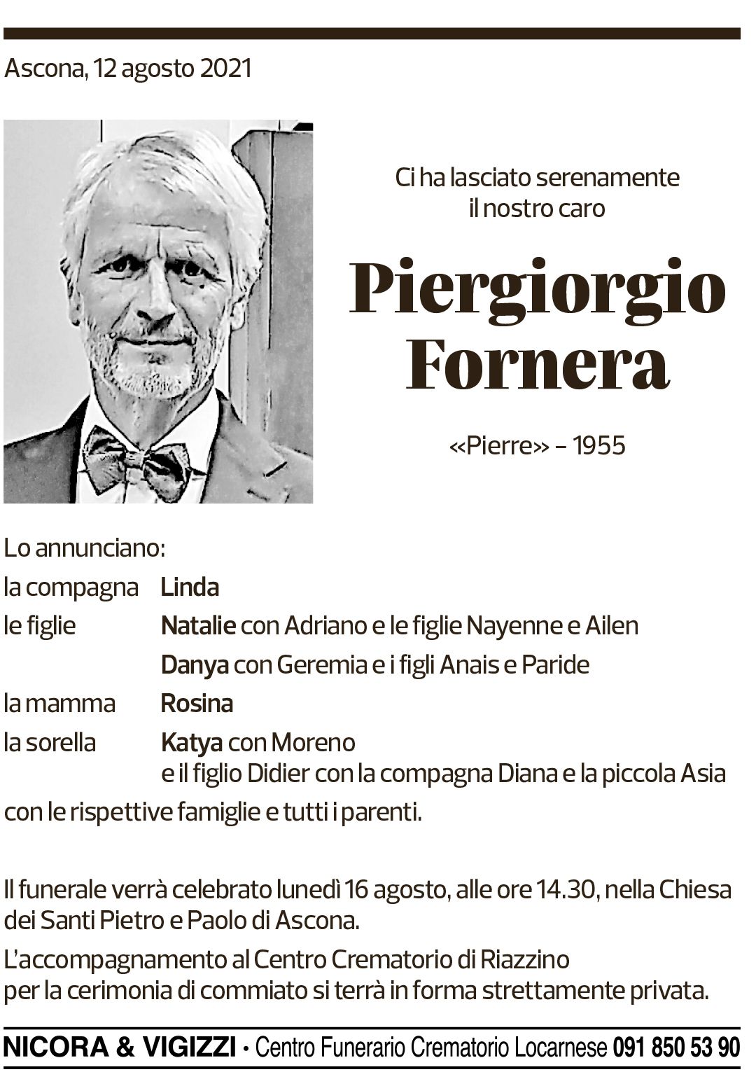 Annuncio funebre Piergiorgio Fornera