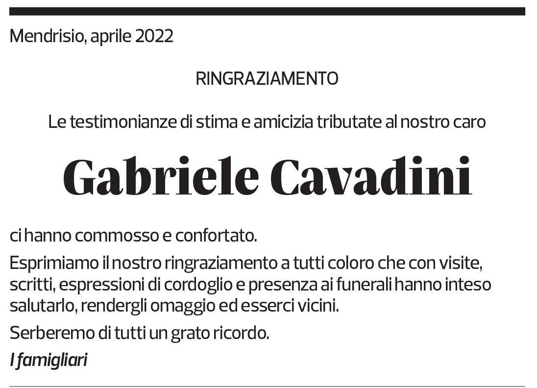 Annuncio funebre Gabriele Cavadini