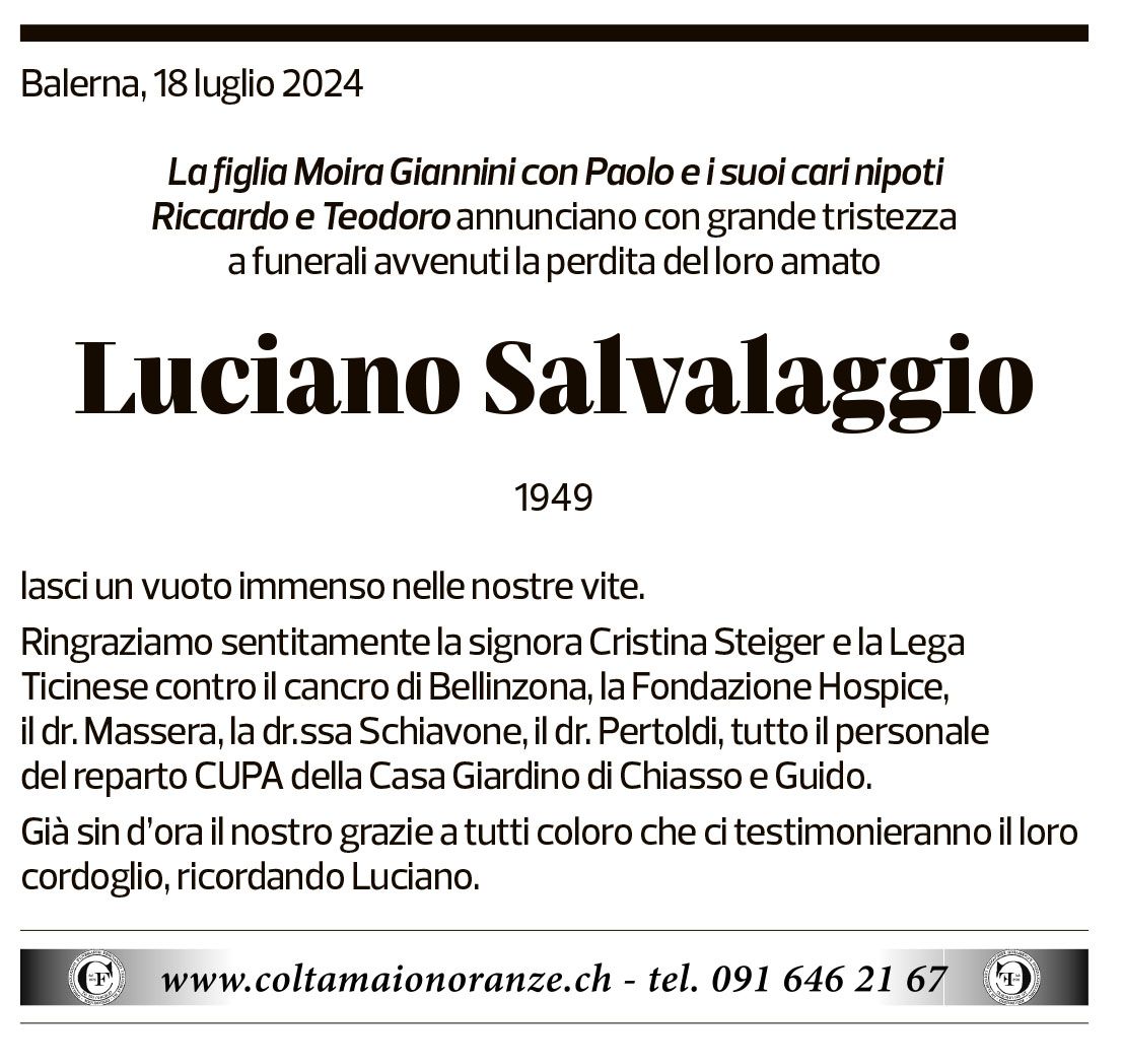 Annuncio funebre Luciano Salvalaggio