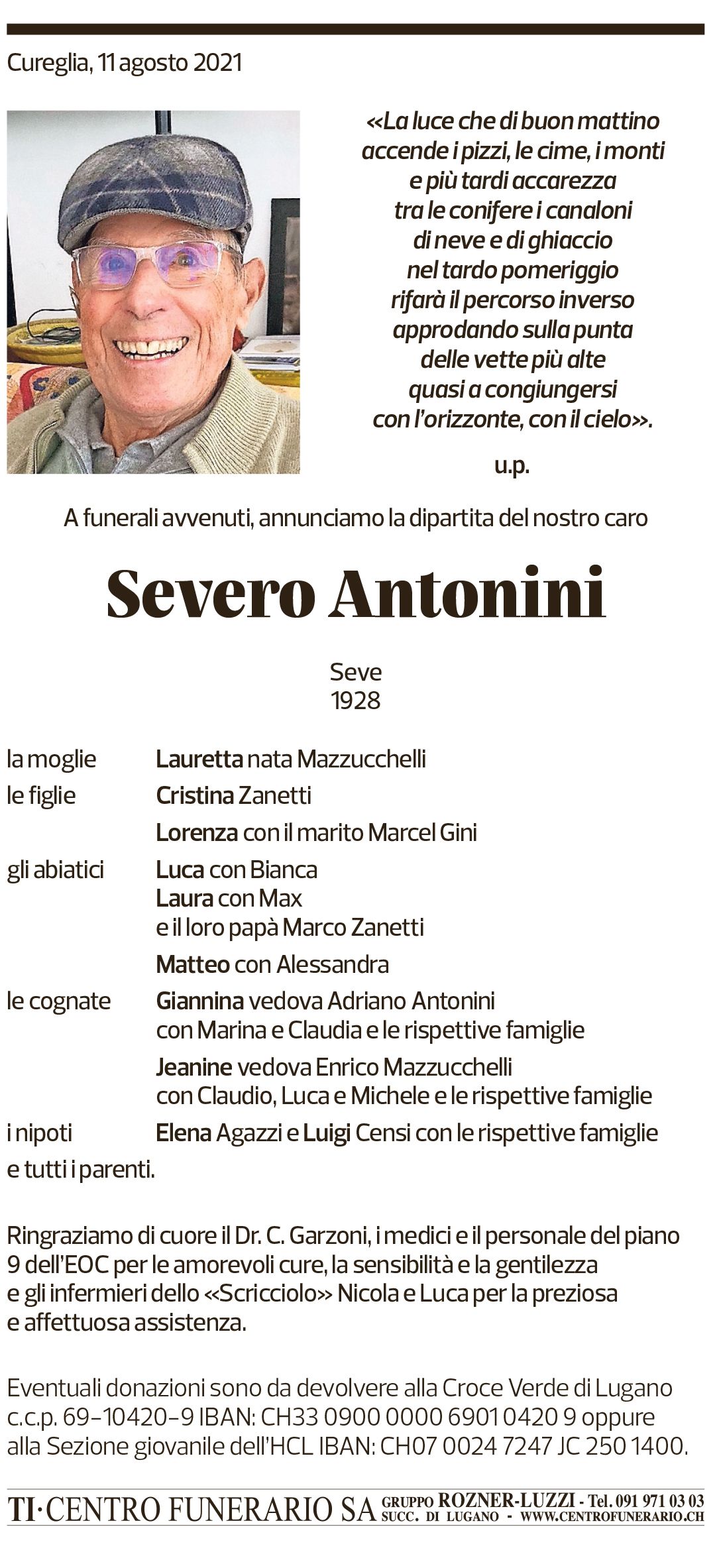 Annuncio funebre Severo Antonini