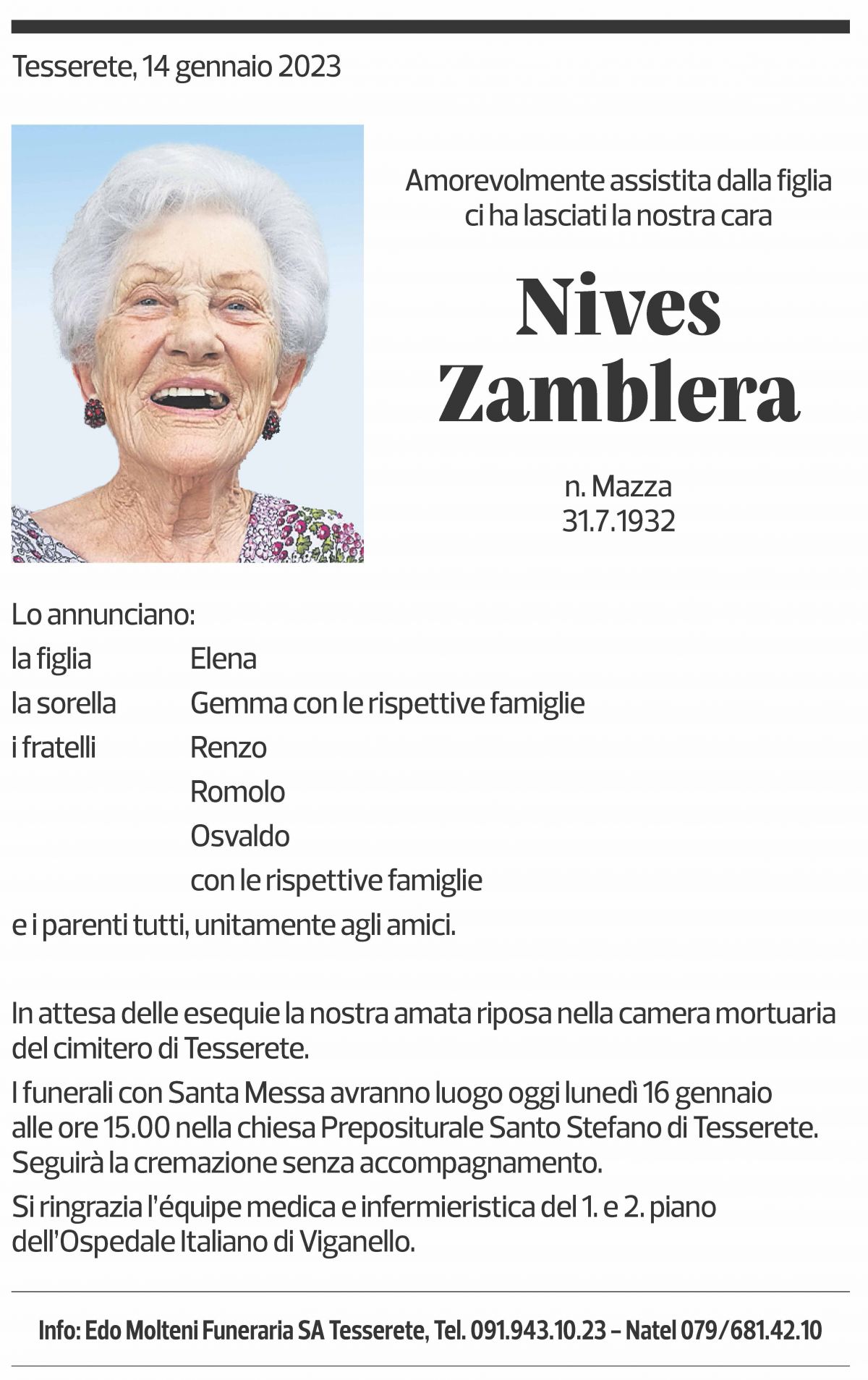 Annuncio funebre Nives Zamblera