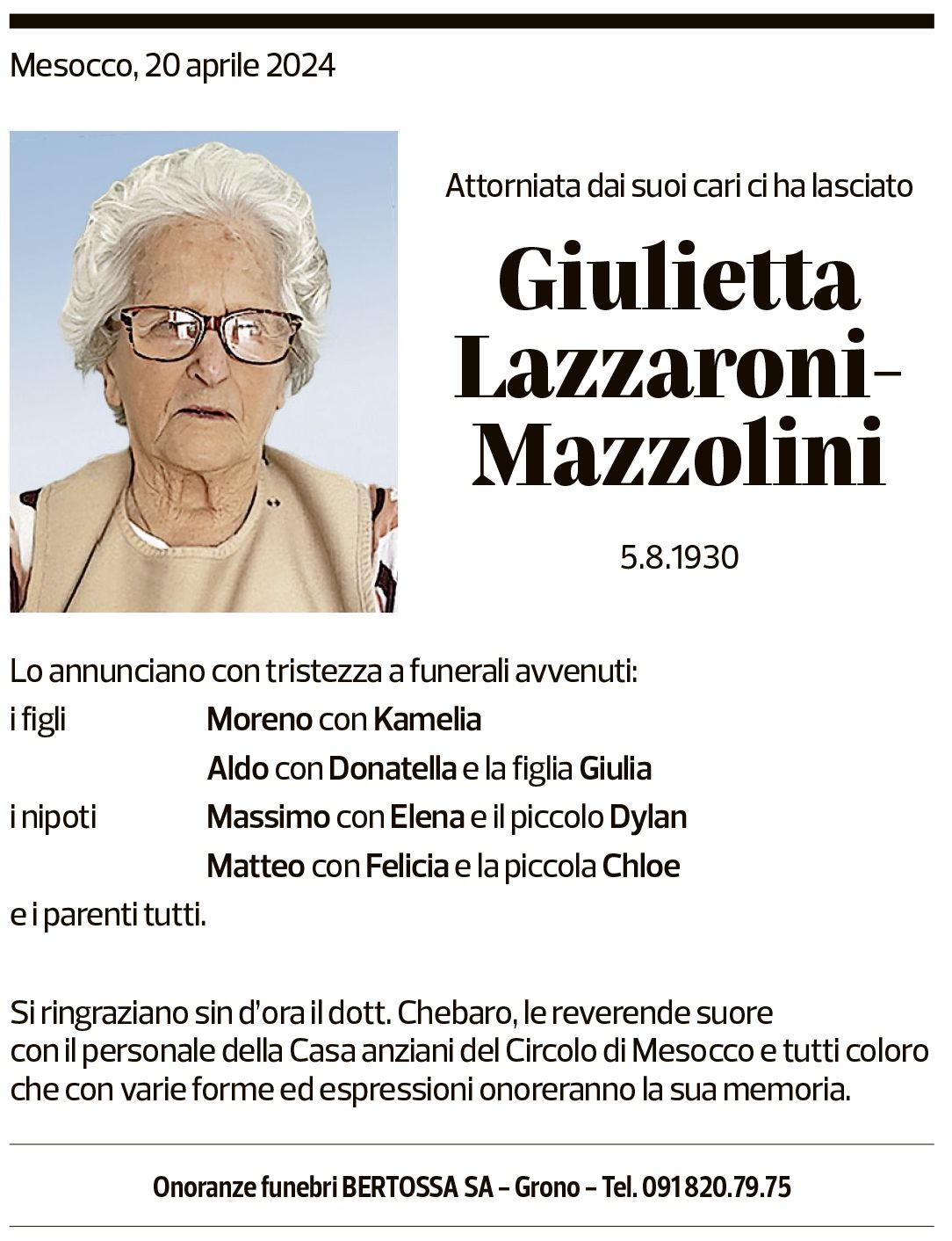 Annuncio funebre Giulietta Lazzaroni-mazzolini