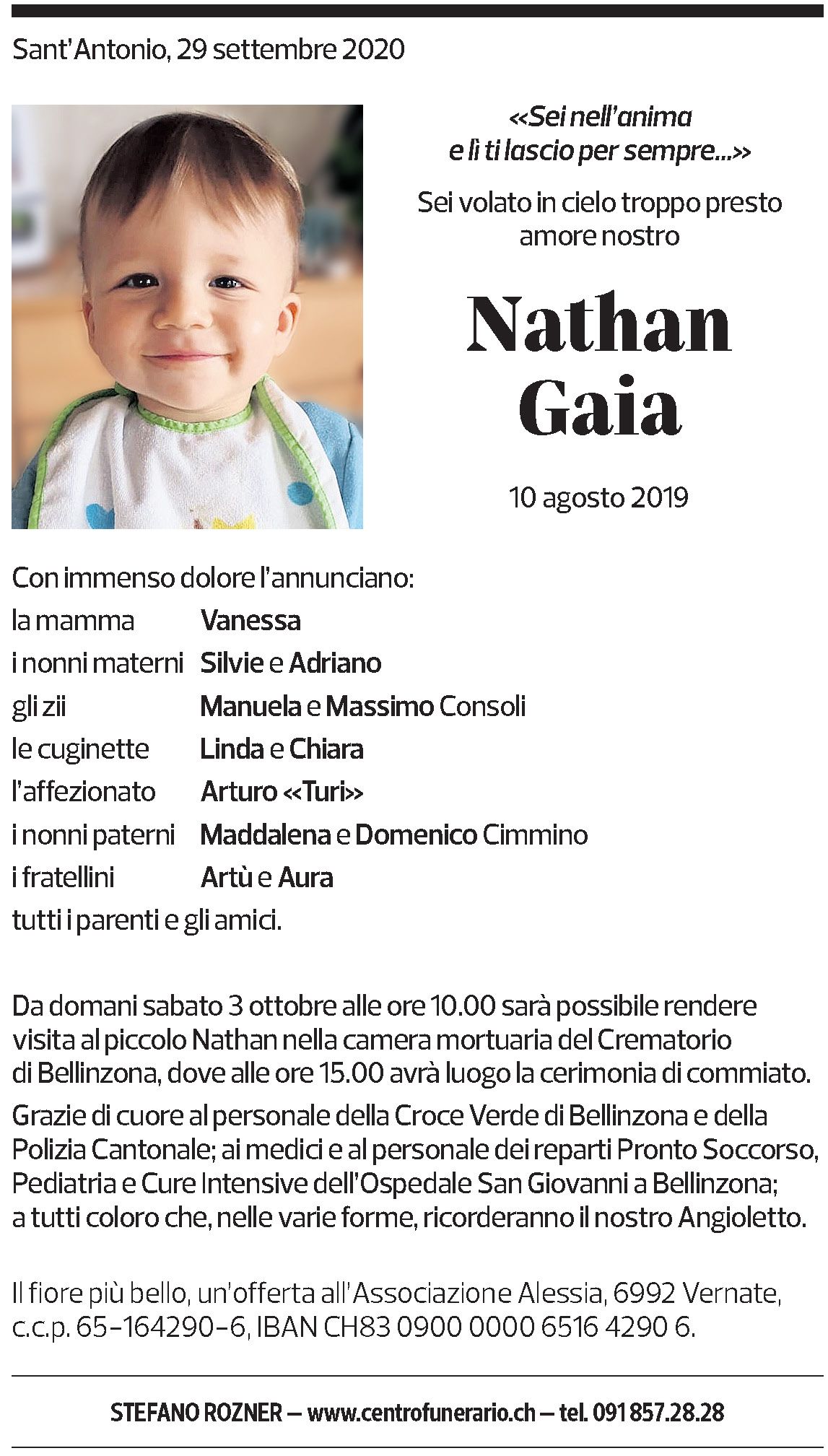 Annuncio funebre Nathan Gaia