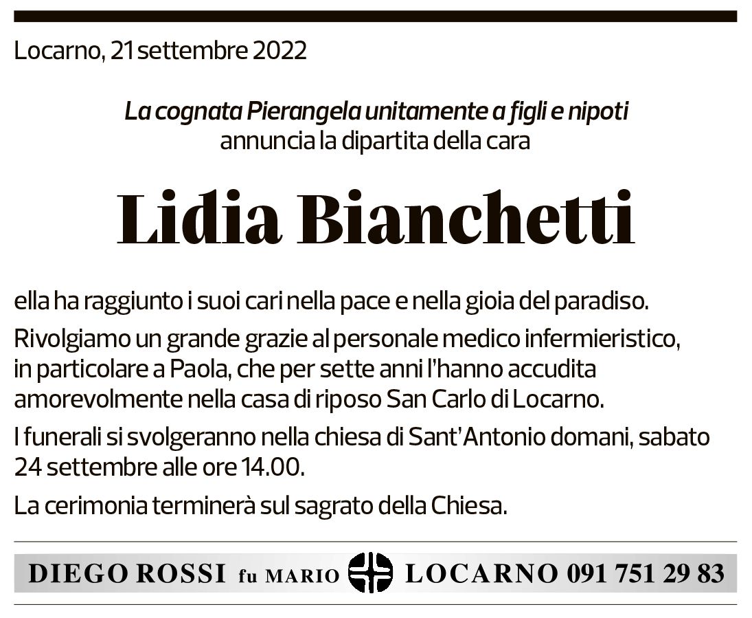 Annuncio funebre Lidia Bianchetti