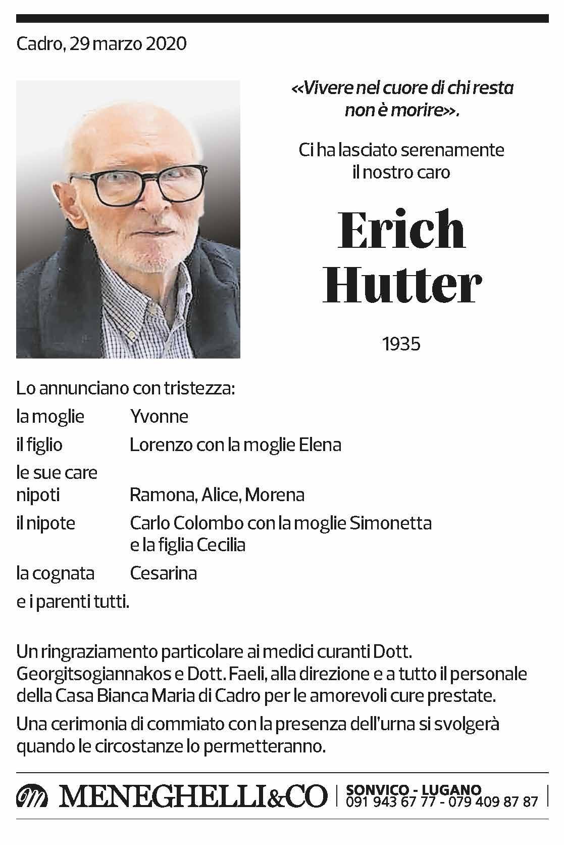 Annuncio funebre Erich Hutter