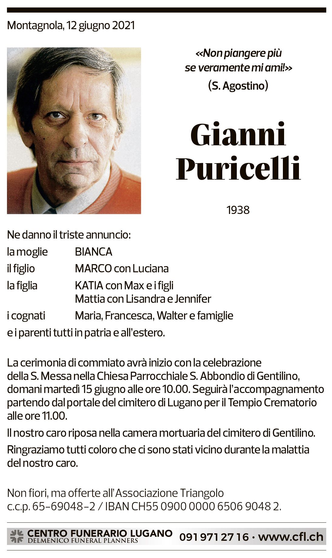 Annuncio funebre Gianni Puricelli