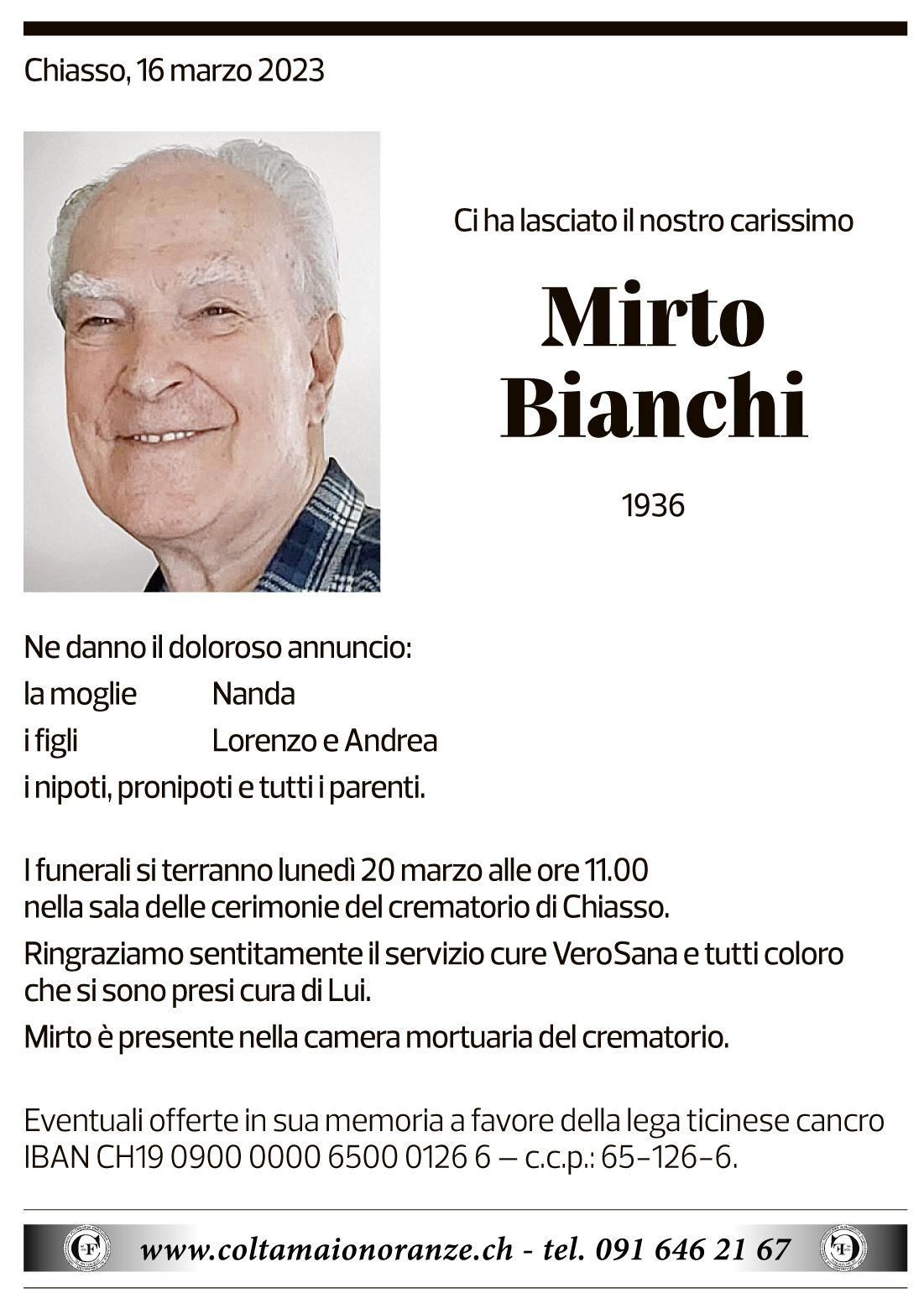 Annuncio funebre Mirto Bianchi