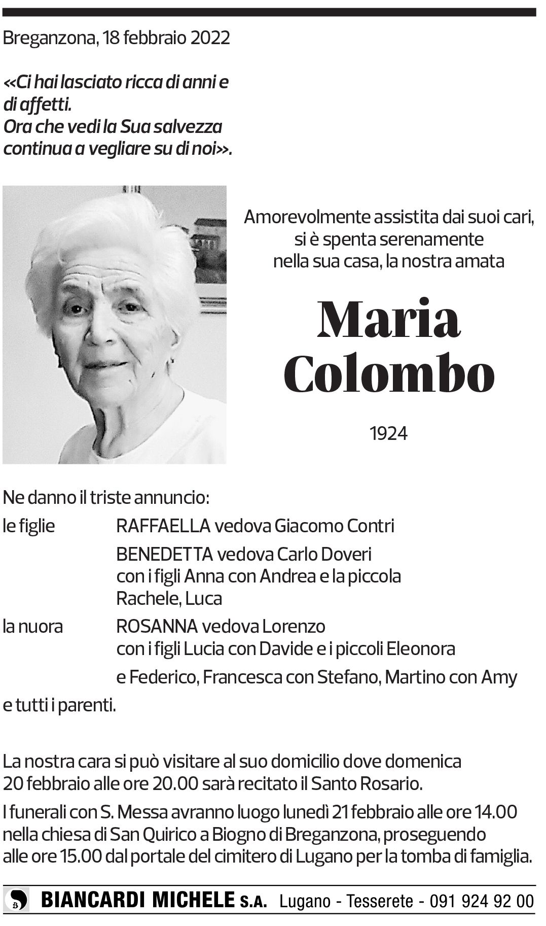 Annuncio funebre Maria Colombo