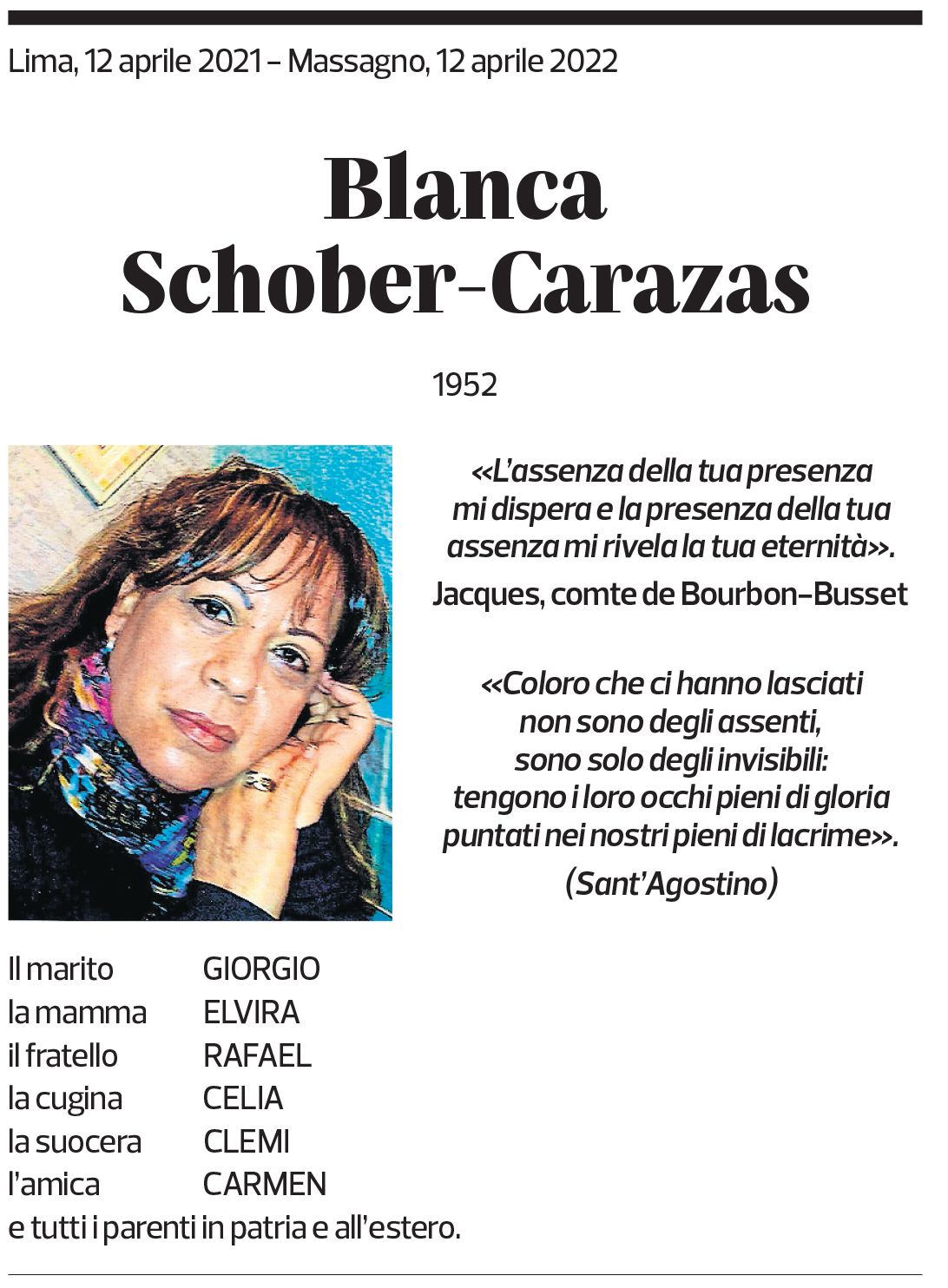 Annuncio funebre Blanca Schober-carazas