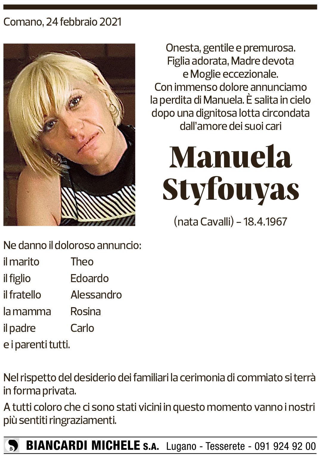 Annuncio funebre Manuela Styfouyas