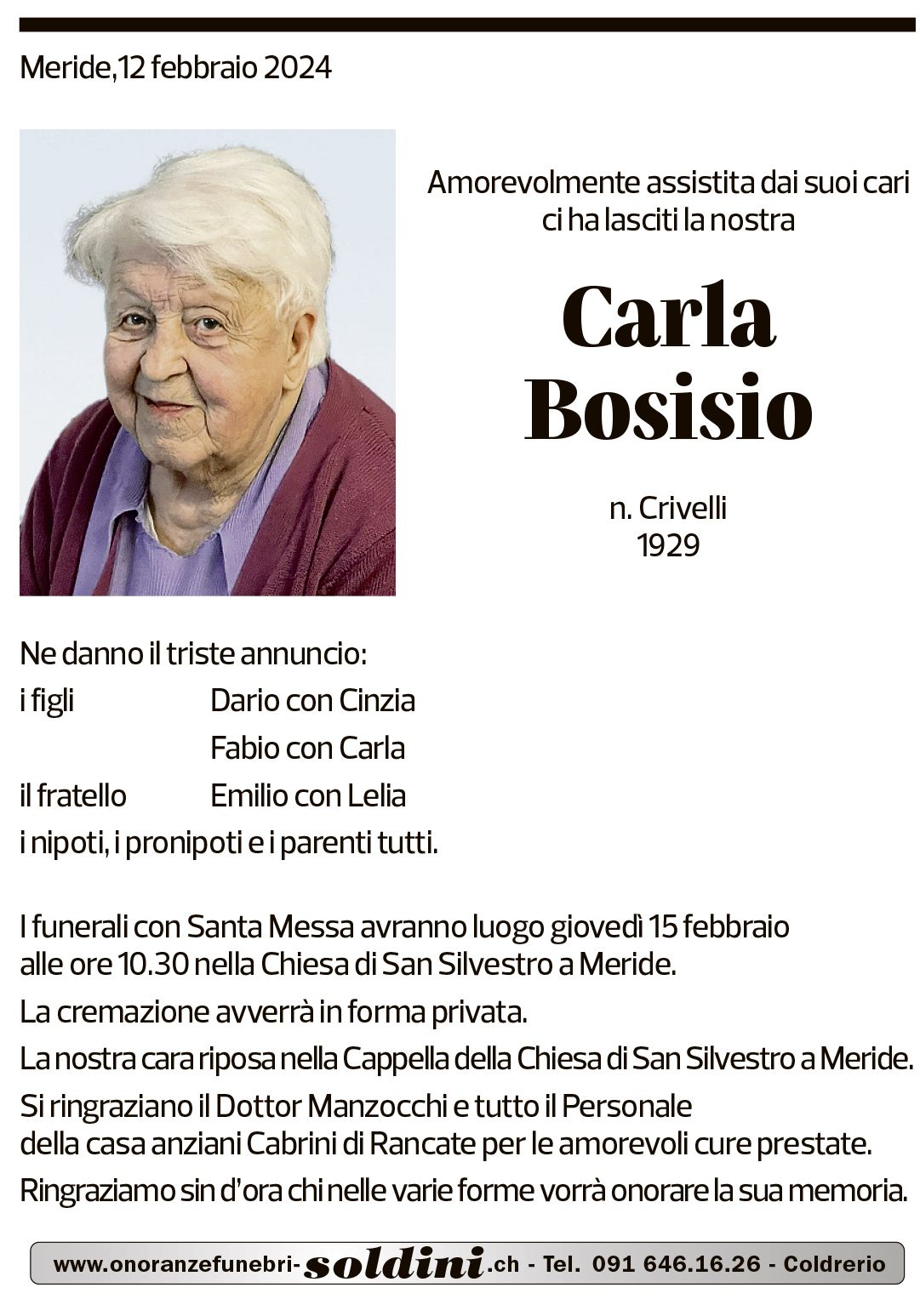 Annuncio funebre Carla Bosisio