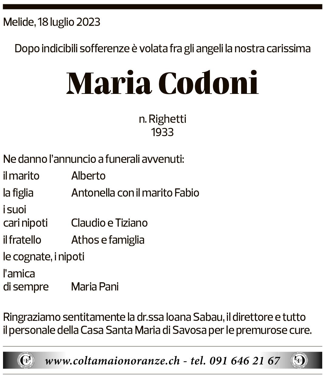 Annuncio funebre Maria Codoni