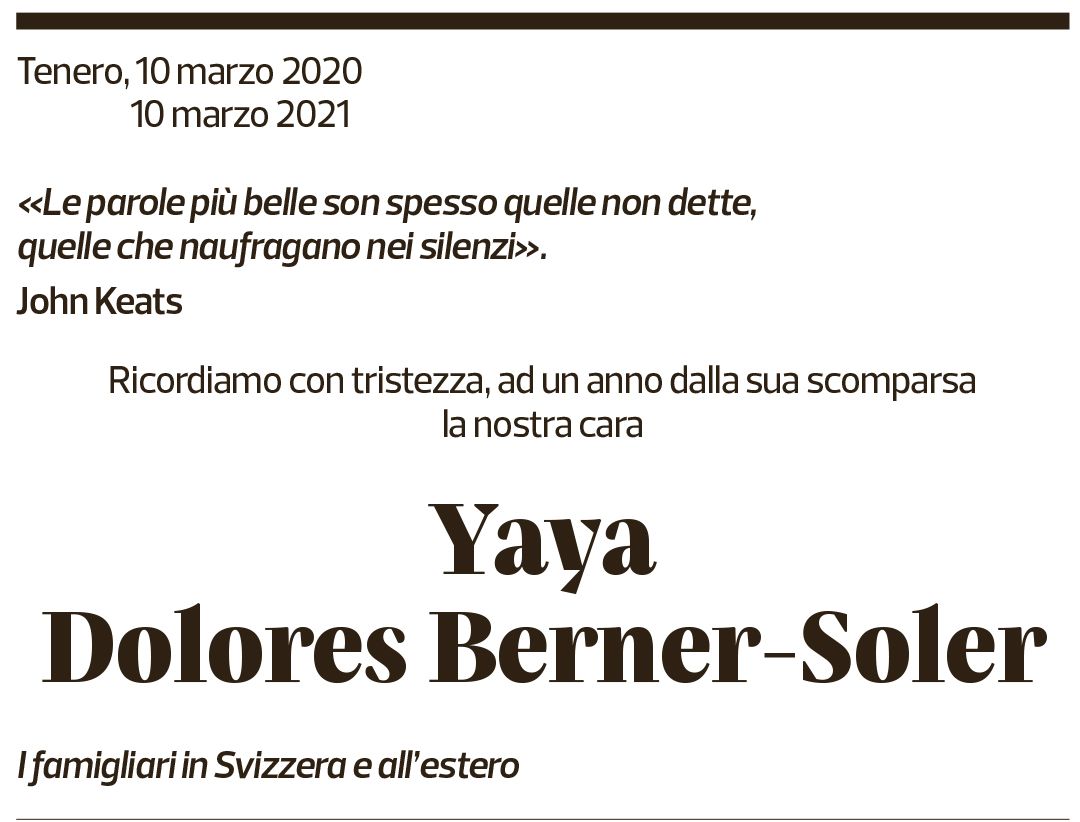 Annuncio funebre Yaya Dolores Berner-soler