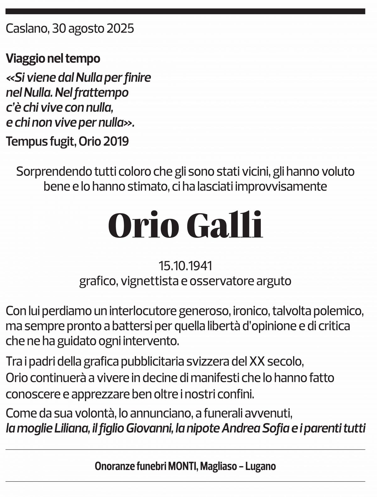 Annuncio funebre Orio Galli